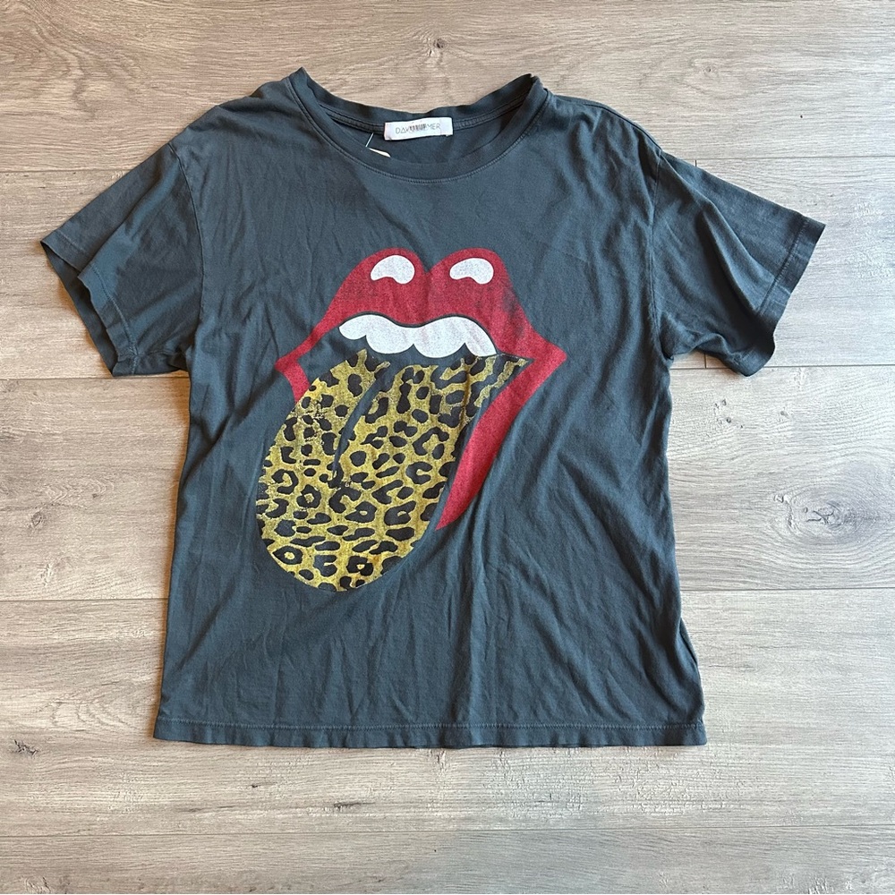 Daydreamer Black Graphic Tee with Red Lips and Leopard Tongue